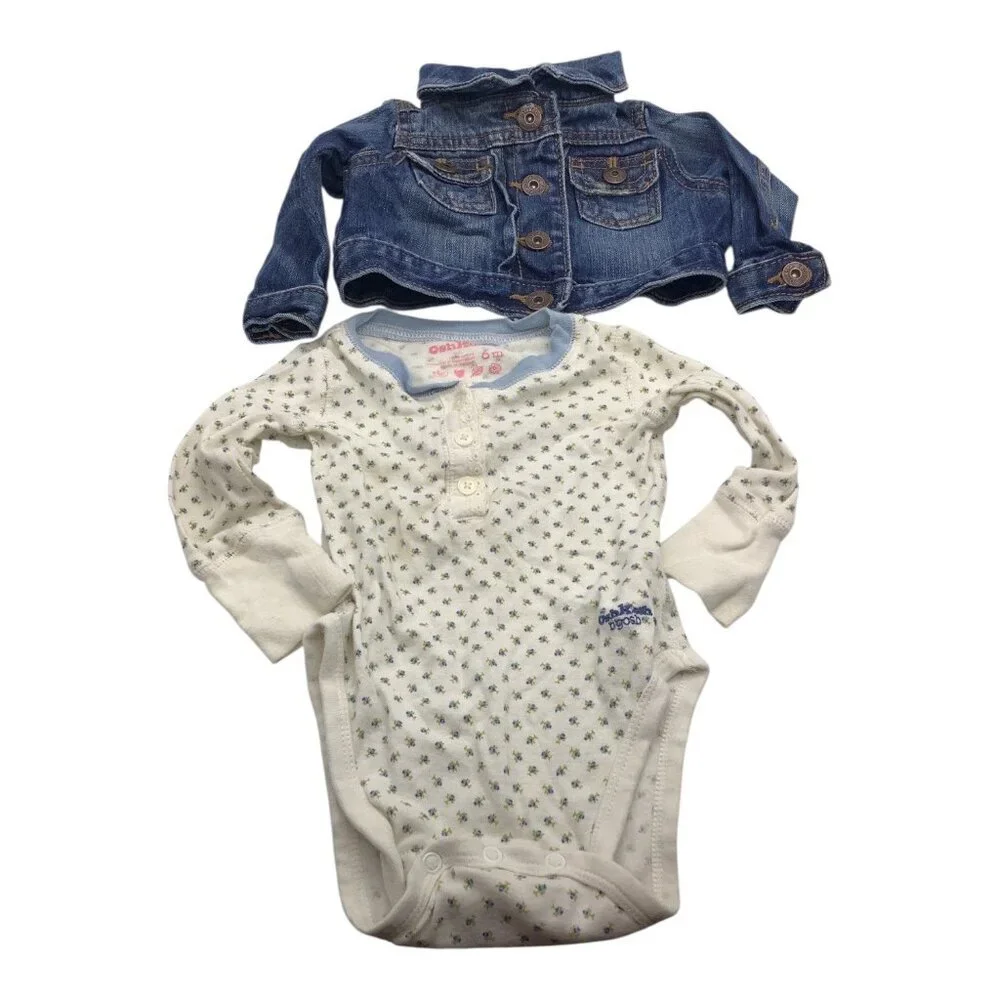 Lot of 2 OshKosh Baby Girl Size 6 Months Floral White Bodysuit Denim Blue Jacket